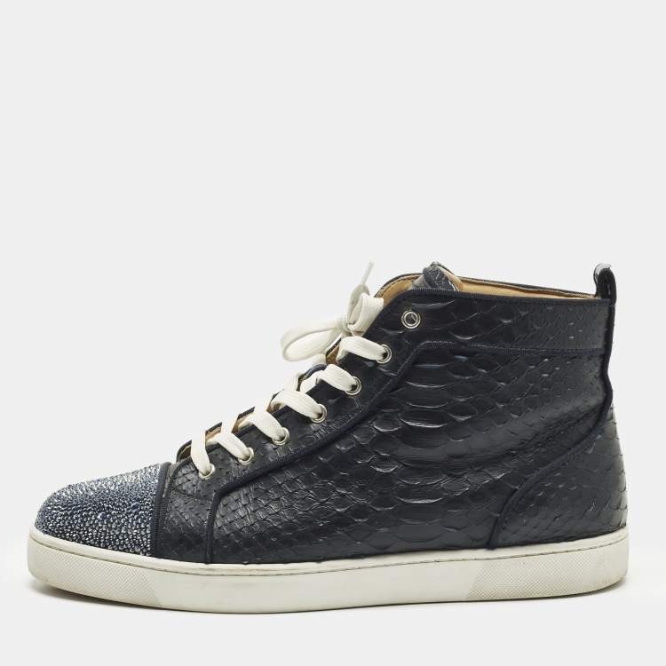 Pre Owned Christian Louboutin Louis Size 45 Navy Blue Crystals and Python Leather High Top Sneakers