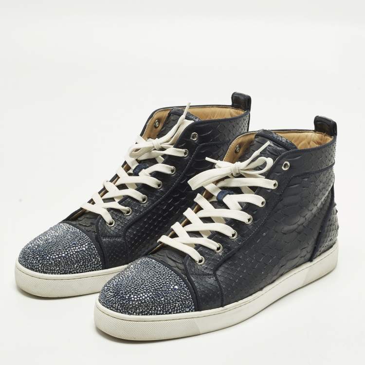 Pre Owned Christian Louboutin Louis Size 45 Navy Blue Crystals and Python Leather High Top Sneakers