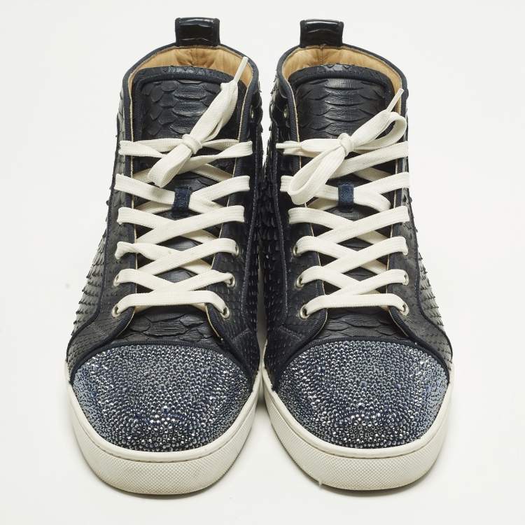 Pre Owned Christian Louboutin Louis Size 45 Navy Blue Crystals and Python Leather High Top Sneakers