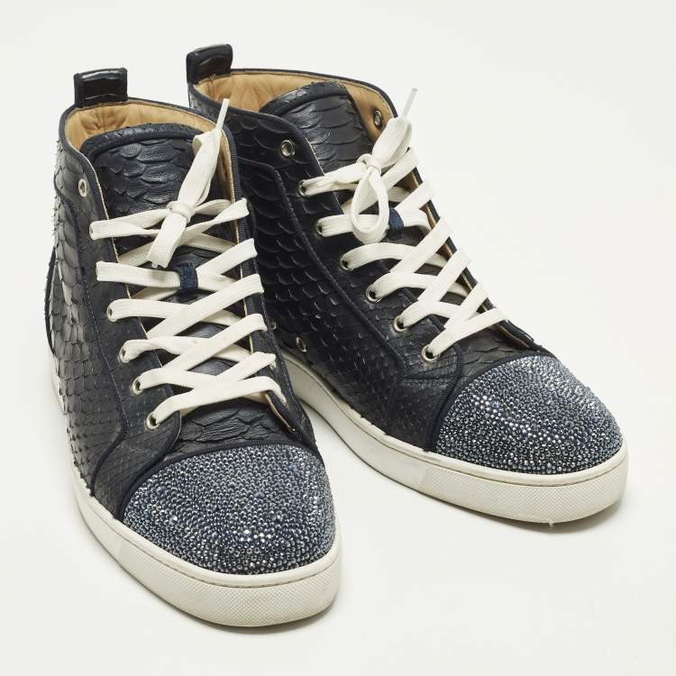 Pre Owned Christian Louboutin Louis Size 45 Navy Blue Crystals and Python Leather High Top Sneakers