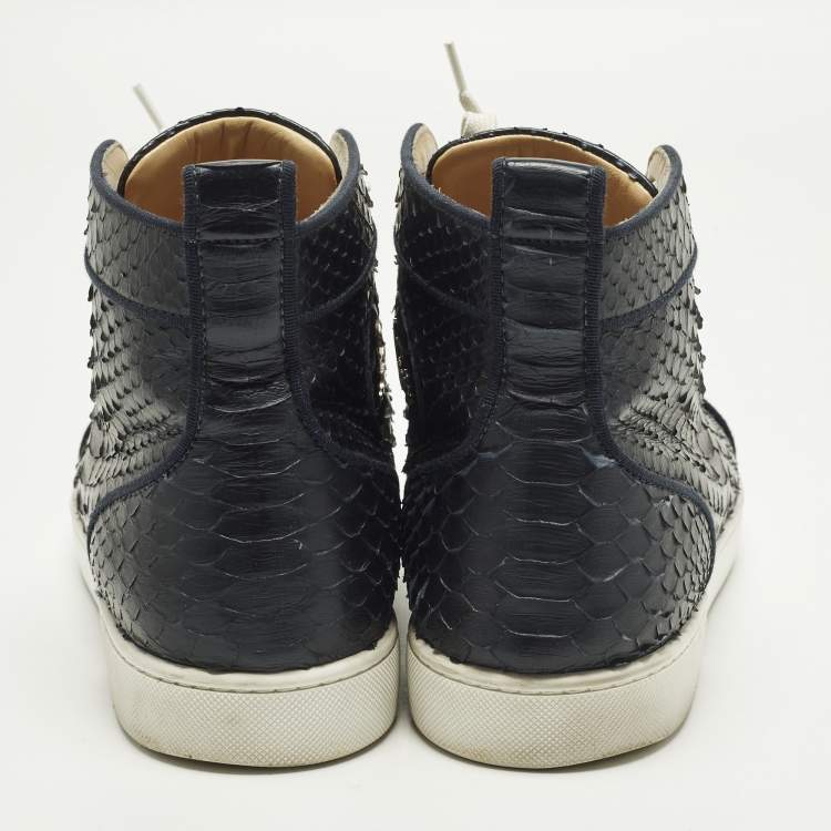 Pre Owned Christian Louboutin Louis Size 45 Navy Blue Crystals and Python Leather High Top Sneakers
