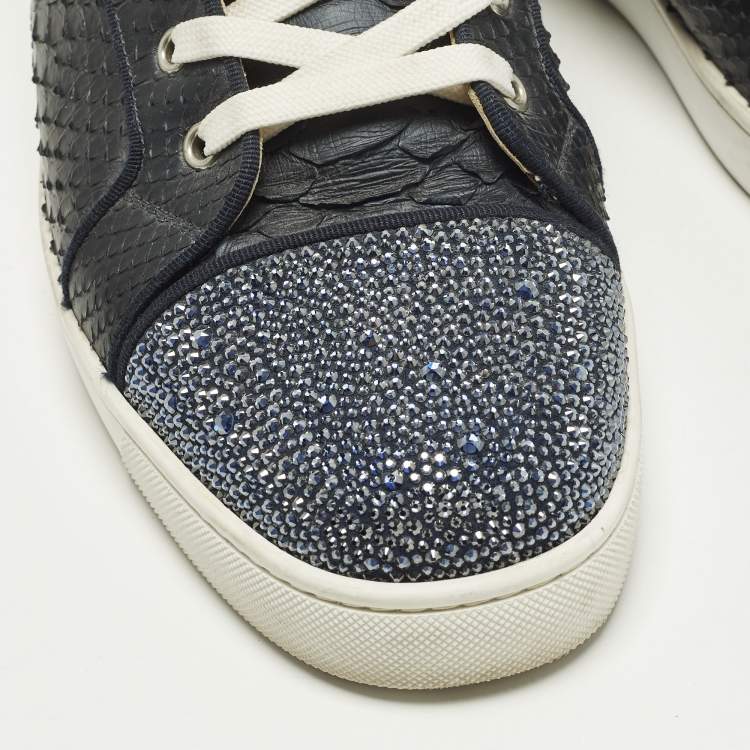 Pre Owned Christian Louboutin Louis Size 45 Navy Blue Crystals and Python Leather High Top Sneakers