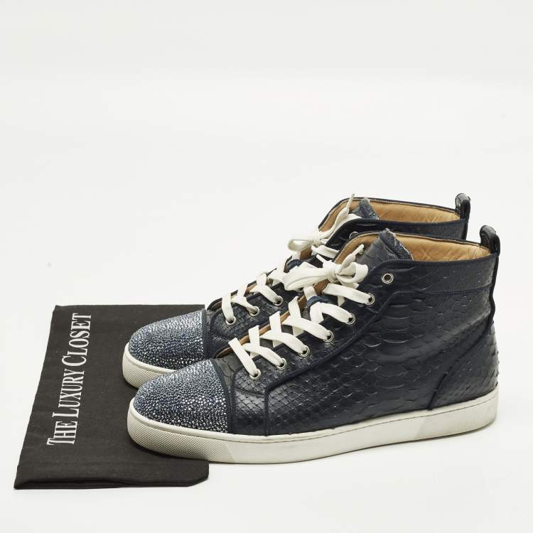 Pre Owned Christian Louboutin Louis Size 45 Navy Blue Crystals and Python Leather High Top Sneakers