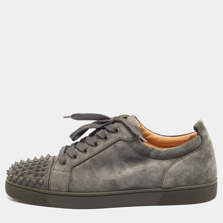 Pre Owned Christian Louboutin Louis Junior Spikes Size 45 Grey Suede Low Top Sneakers
