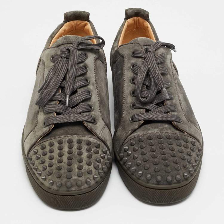 Pre Owned Christian Louboutin Louis Junior Spikes Size 45 Grey Suede Low Top Sneakers