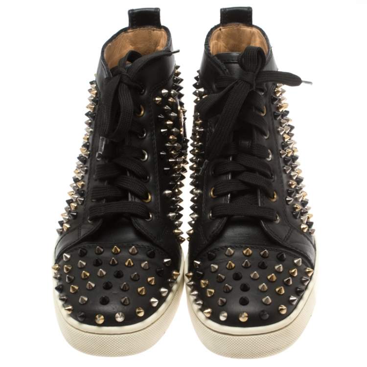 مملوكة مسبقًا Christian Louboutin Black Leather Louis Spikes High Top Sneakers Size 41.5