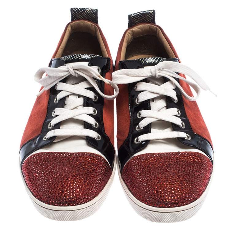 Pre Owned Christian Louboutin Red/Black Suede and Patent Leather Gondola Strass Low Top Sneakers Size 42