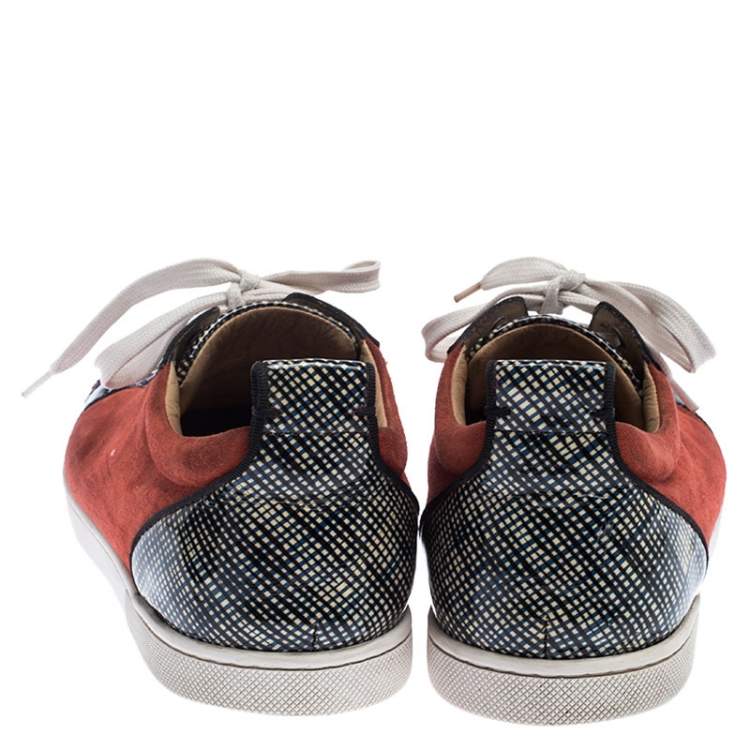 Pre Owned Christian Louboutin Red/Black Suede and Patent Leather Gondola Strass Low Top Sneakers Size 42