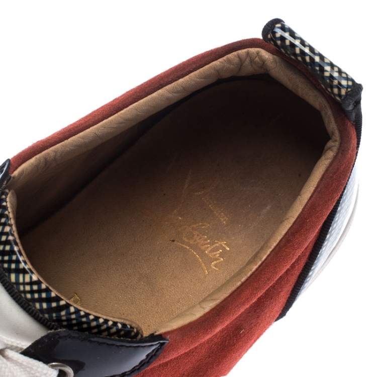Pre Owned Christian Louboutin Red/Black Suede and Patent Leather Gondola Strass Low Top Sneakers Size 42