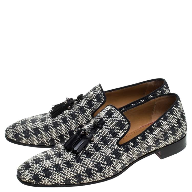 Pre Owned Christian Louboutin Black/White Woven Raffia Dandelion Tassel Slip On Loafers Size 42