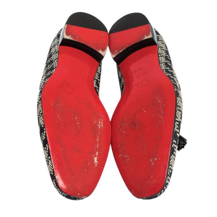 Pre Owned Christian Louboutin Black/White Woven Raffia Dandelion Tassel Slip On Loafers Size 42