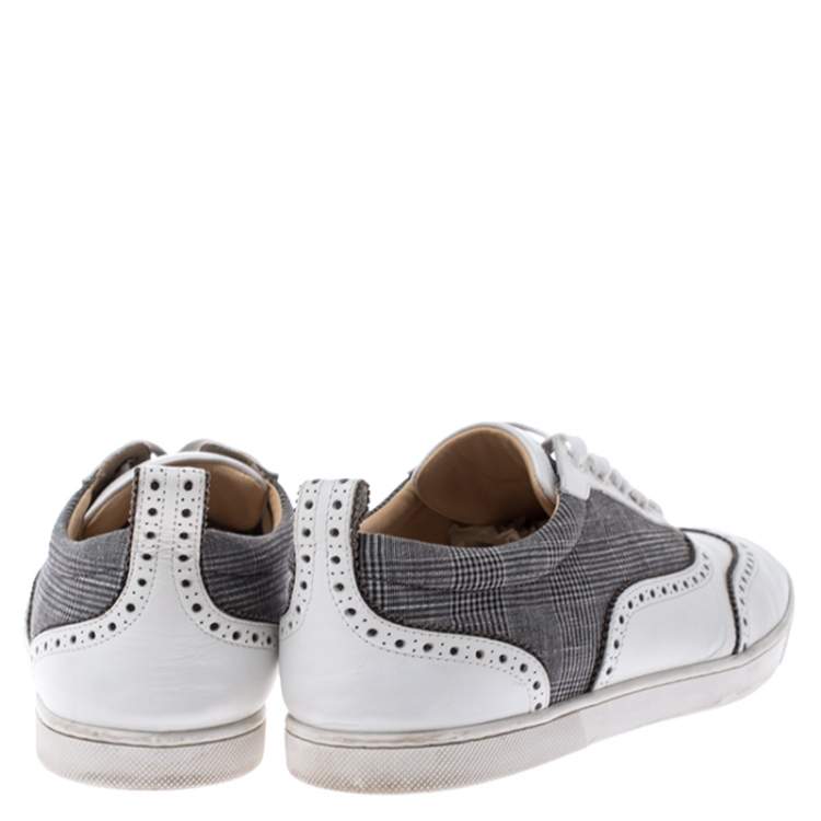 Pre Owned Christian Louboutin White Leather And Grey Check Canvas Brogue Low Top Sneakers Size 43