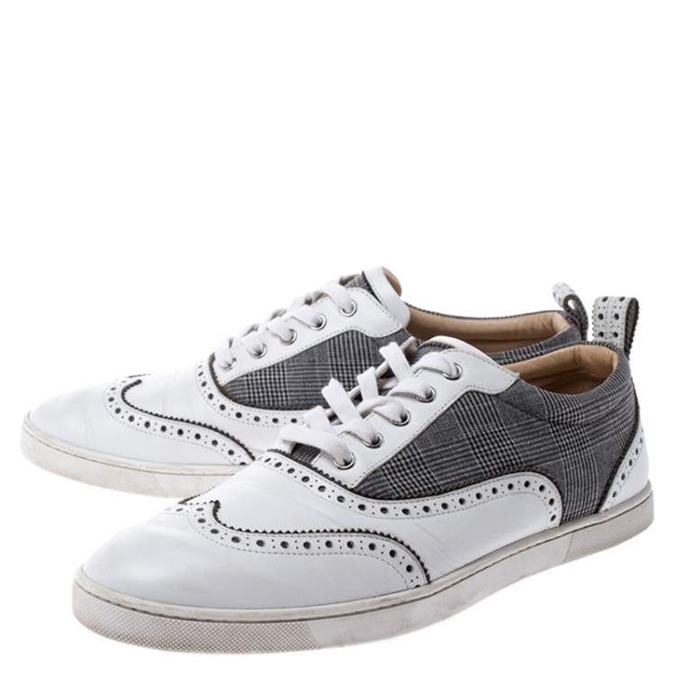 Pre Owned Christian Louboutin White Leather And Grey Check Canvas Brogue Low Top Sneakers Size 43