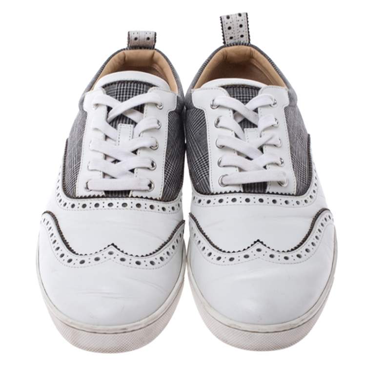 Pre Owned Christian Louboutin White Leather And Grey Check Canvas Brogue Low Top Sneakers Size 43