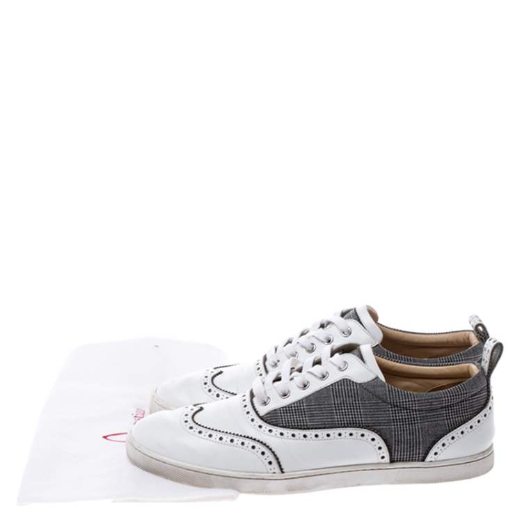 Pre Owned Christian Louboutin White Leather And Grey Check Canvas Brogue Low Top Sneakers Size 43