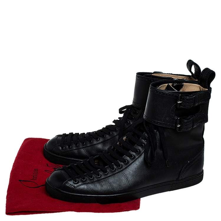 Pre Owned Christian Louboutin Black Leather Lace and Buckle High Top Sneakers Size 44.5