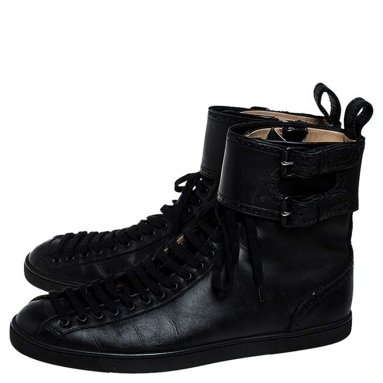 Pre Owned Christian Louboutin Black Leather Lace and Buckle High Top Sneakers Size 44.5