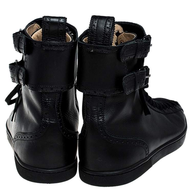 Pre Owned Christian Louboutin Black Leather Lace and Buckle High Top Sneakers Size 44.5