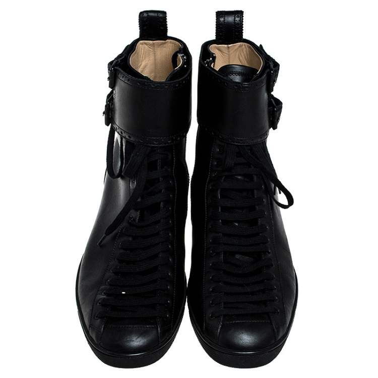 Pre Owned Christian Louboutin Black Leather Lace and Buckle High Top Sneakers Size 44.5