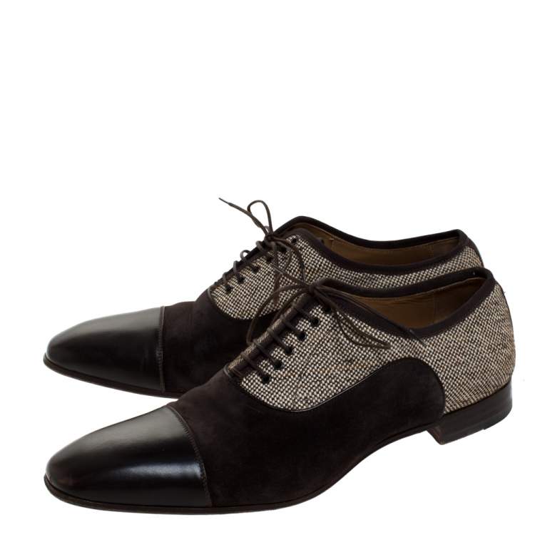 Pre Owned Christian Louboutin Brown Leather and Multicolor Woven Canvas Daviol Derby Size 43