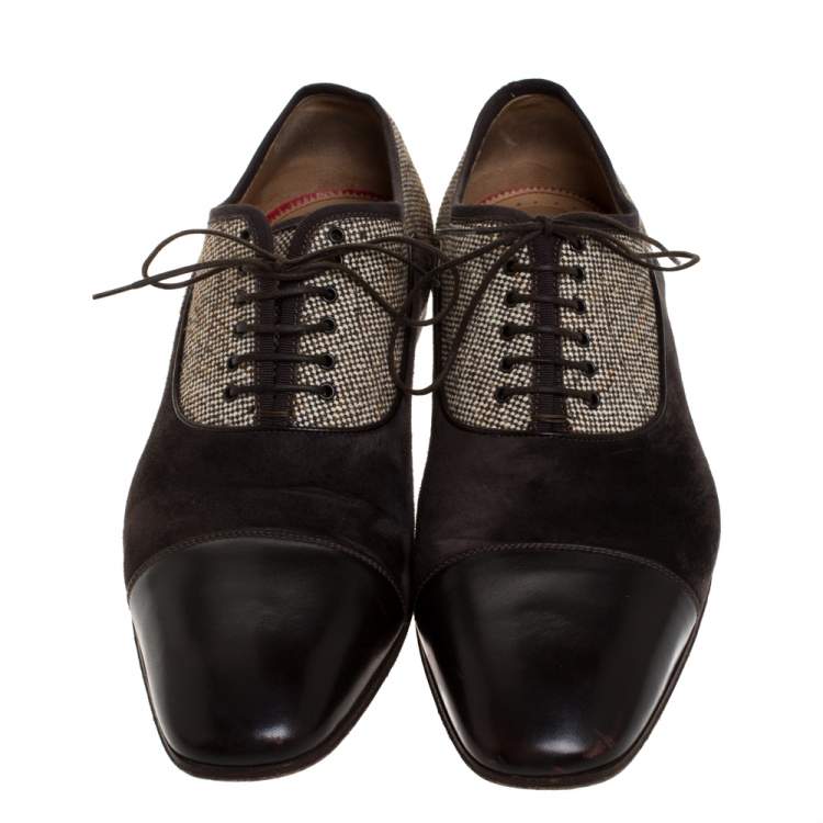 Pre Owned Christian Louboutin Brown Leather and Multicolor Woven Canvas Daviol Derby Size 43