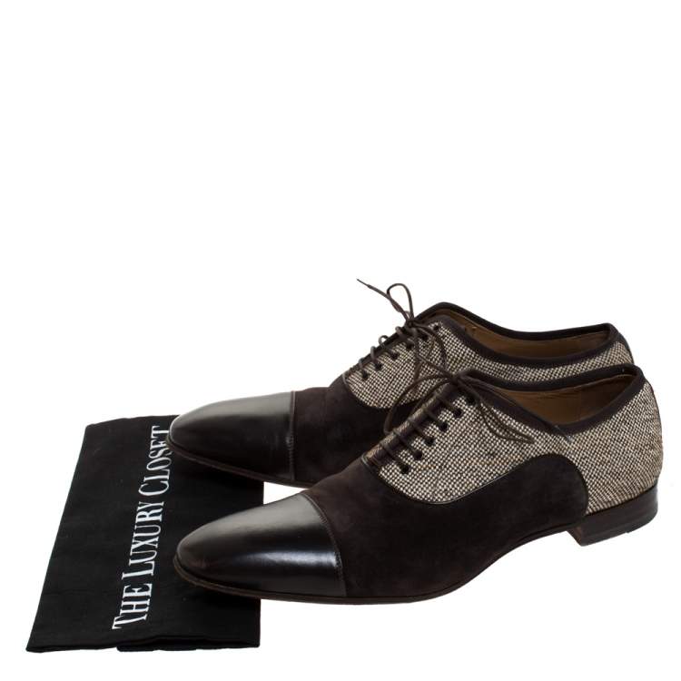 Pre Owned Christian Louboutin Brown Leather and Multicolor Woven Canvas Daviol Derby Size 43