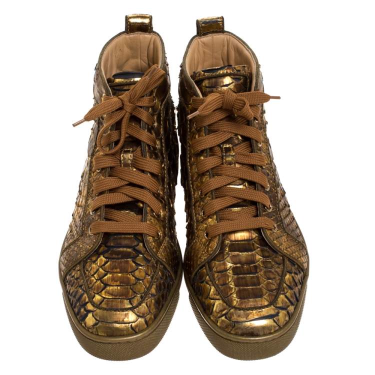 Pre Owned Christian Louboutin Metallic Bronze Python Leather Louis Orlato Lace Up Sneakers Size 42