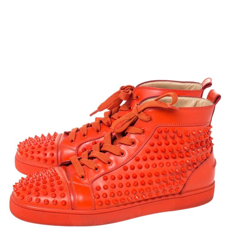 Pre Owned Christian Louboutin Orange Spike Leather Louis High Top Sneakers Size 43