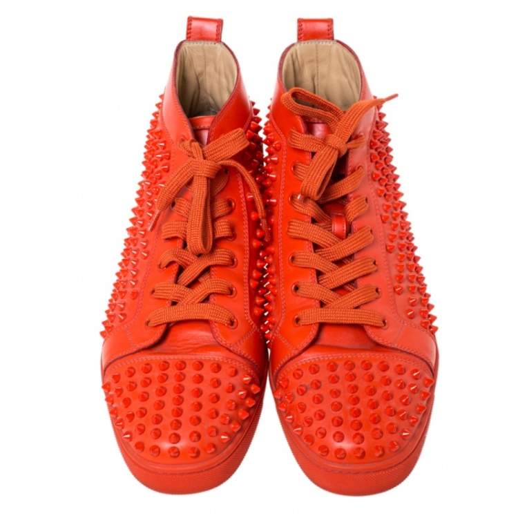 Pre Owned Christian Louboutin Orange Spike Leather Louis High Top Sneakers Size 43