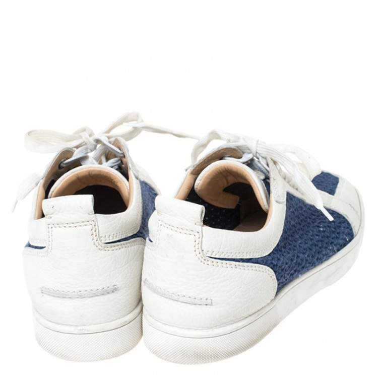 Pre Owned Christian Louboutin White/Blue Leather And Knit Fabric AC Rantulow Sneakers Size 43