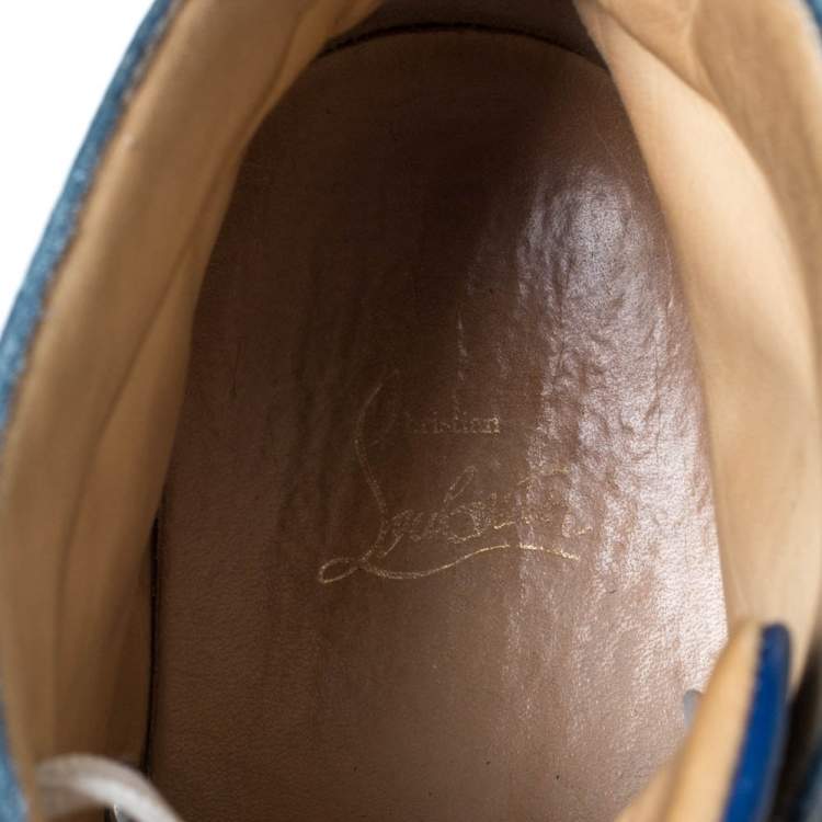 Pre Owned Christian Louboutin Blue/White Leather And Canvas Rantus Orlato High Top Sneakers Size 43