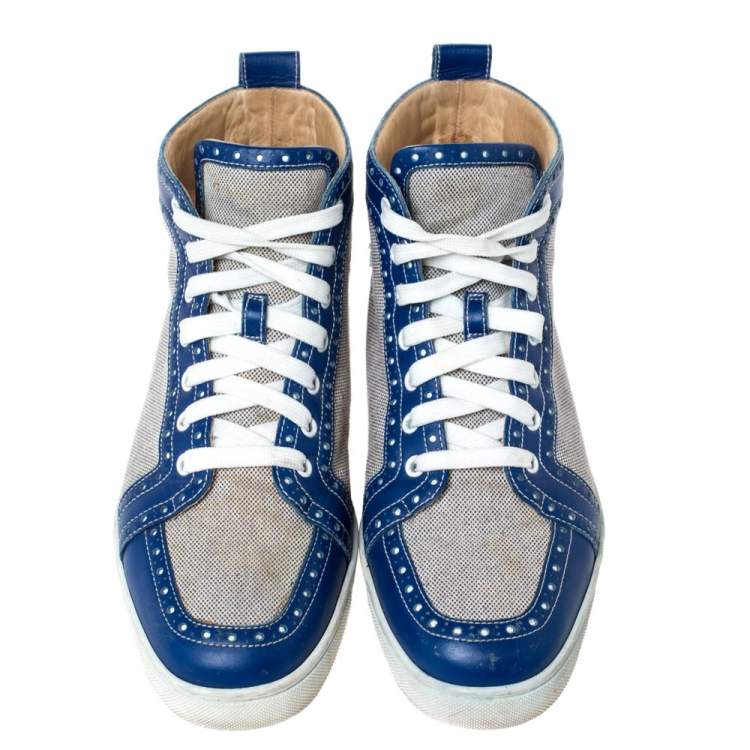 Pre Owned Christian Louboutin Blue/White Leather And Canvas Rantus Orlato High Top Sneakers Size 43