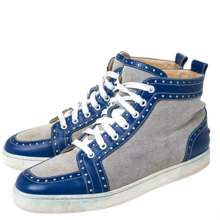Pre Owned Christian Louboutin Blue/White Leather And Canvas Rantus Orlato High Top Sneakers Size 43