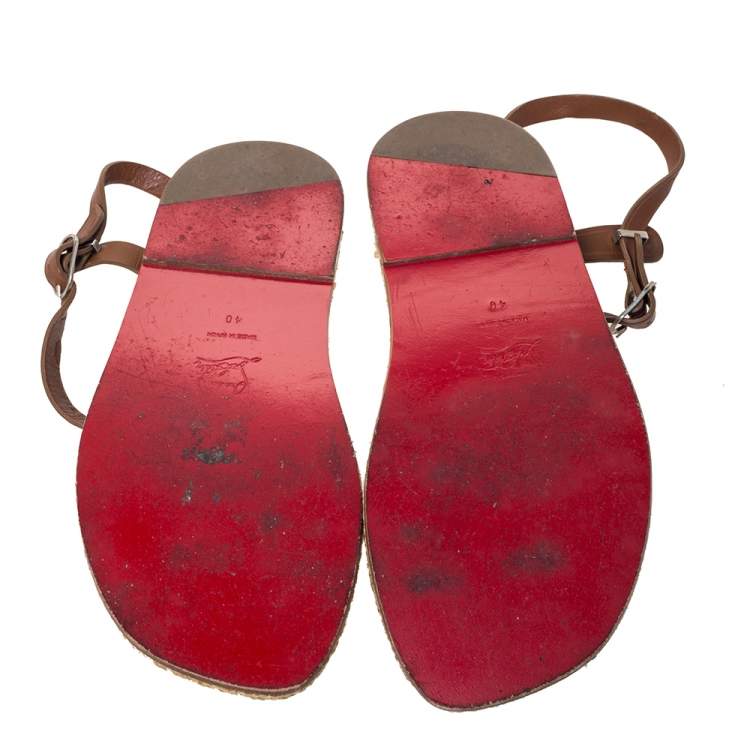 Pre Owned Christian Louboutin Tan Leather Toe Ring Flat Sandals Size 40