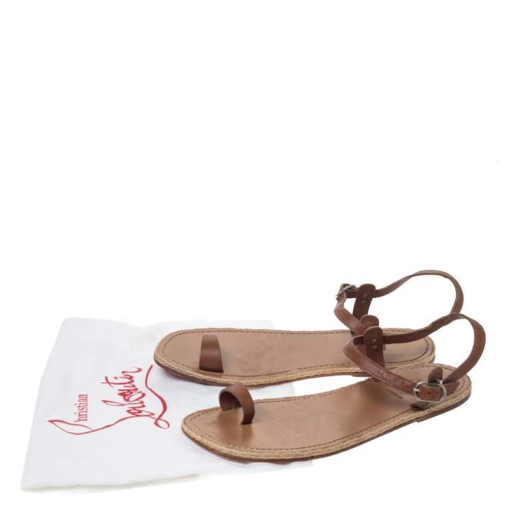 Pre Owned Christian Louboutin Tan Leather Toe Ring Flat Sandals Size 40