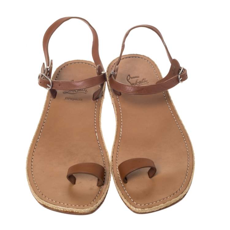 Pre Owned Christian Louboutin Tan Leather Toe Ring Flat Sandals Size 40