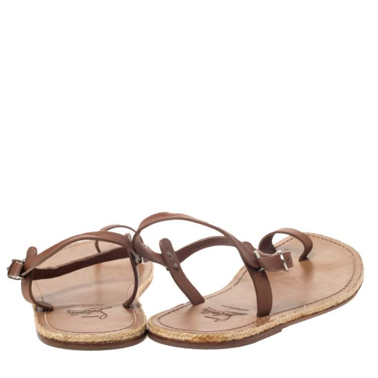 Pre Owned Christian Louboutin Tan Leather Toe Ring Flat Sandals Size 40
