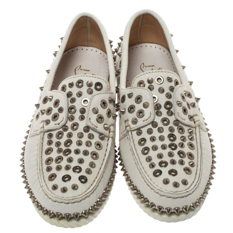 Pre Owned Christian Louboutin White Leather Studded Boat Deck Derby Size 40