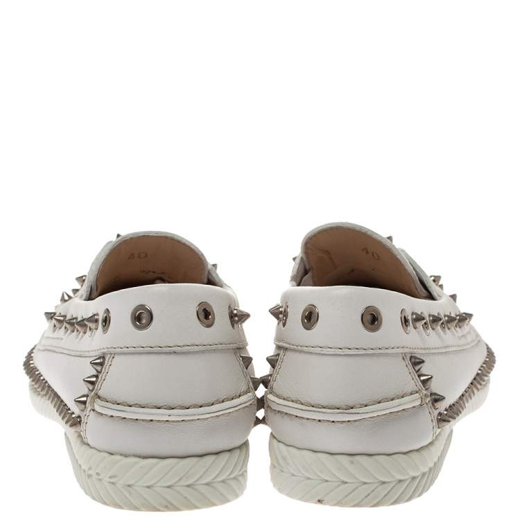 Pre Owned Christian Louboutin White Leather Studded Boat Deck Derby Size 40