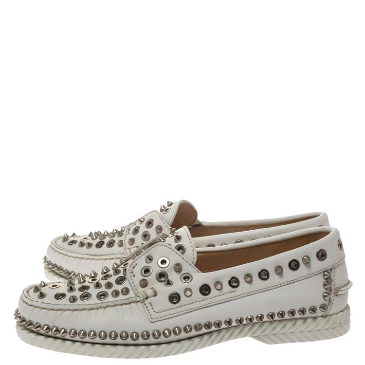 Pre Owned Christian Louboutin White Leather Studded Boat Deck Derby Size 40