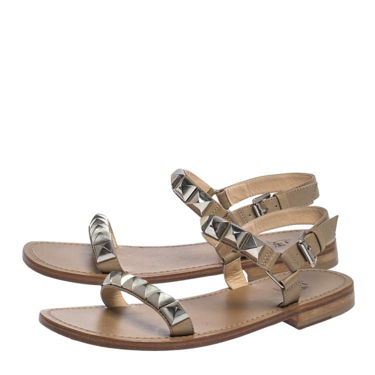 Pre Owned Christian Louboutin Beige Leather Studded Ankle Strap Flat Sandals Size 40