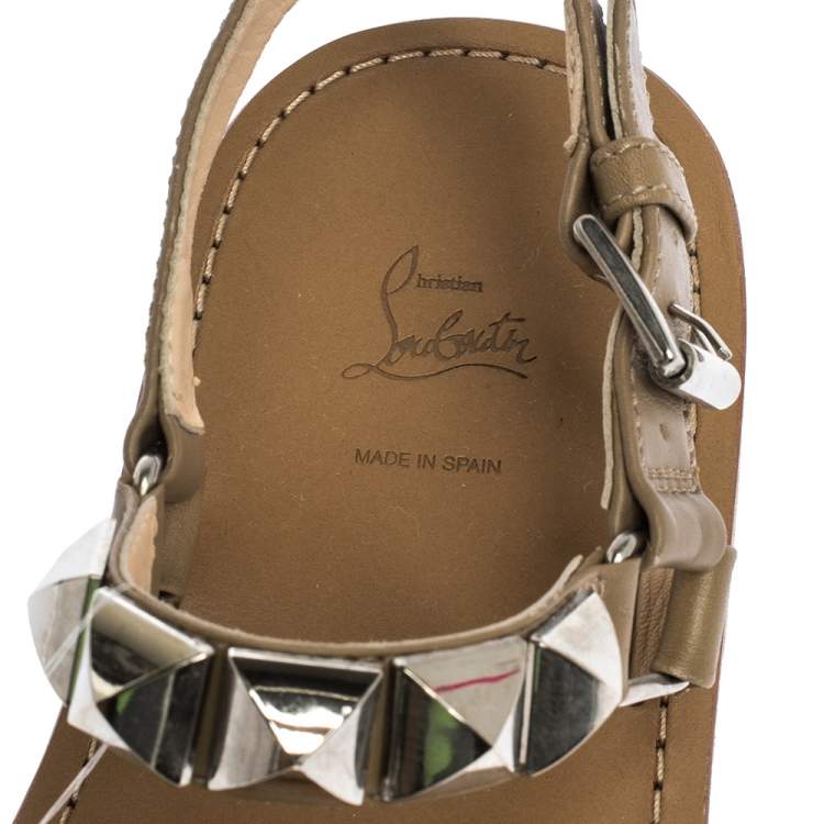 Pre Owned Christian Louboutin Beige Leather Studded Ankle Strap Flat Sandals Size 40
