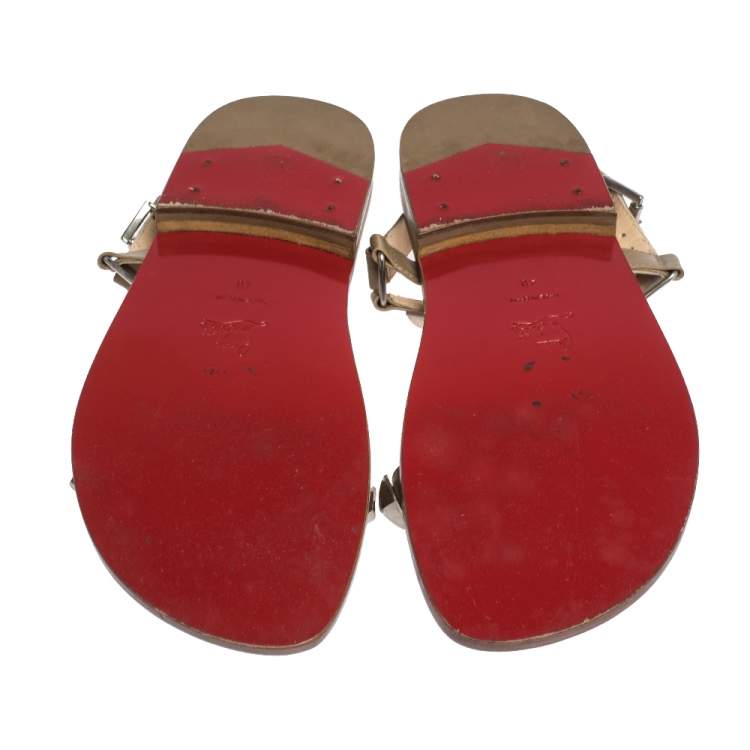 Pre Owned Christian Louboutin Beige Leather Studded Ankle Strap Flat Sandals Size 40