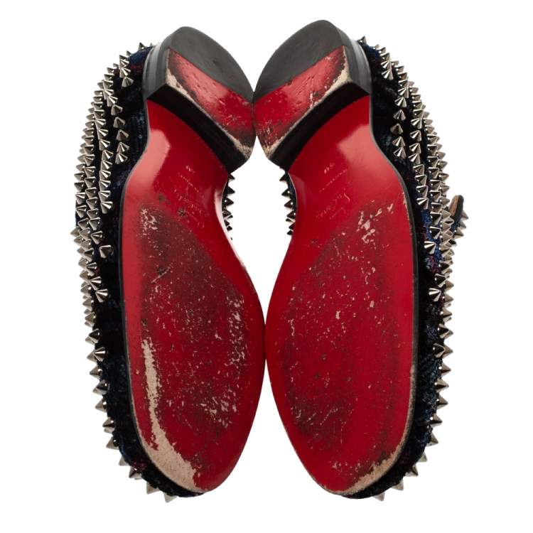 Pre Owned Christian Louboutin Blue Velvet Dandelion Spikes Loafer Size 40