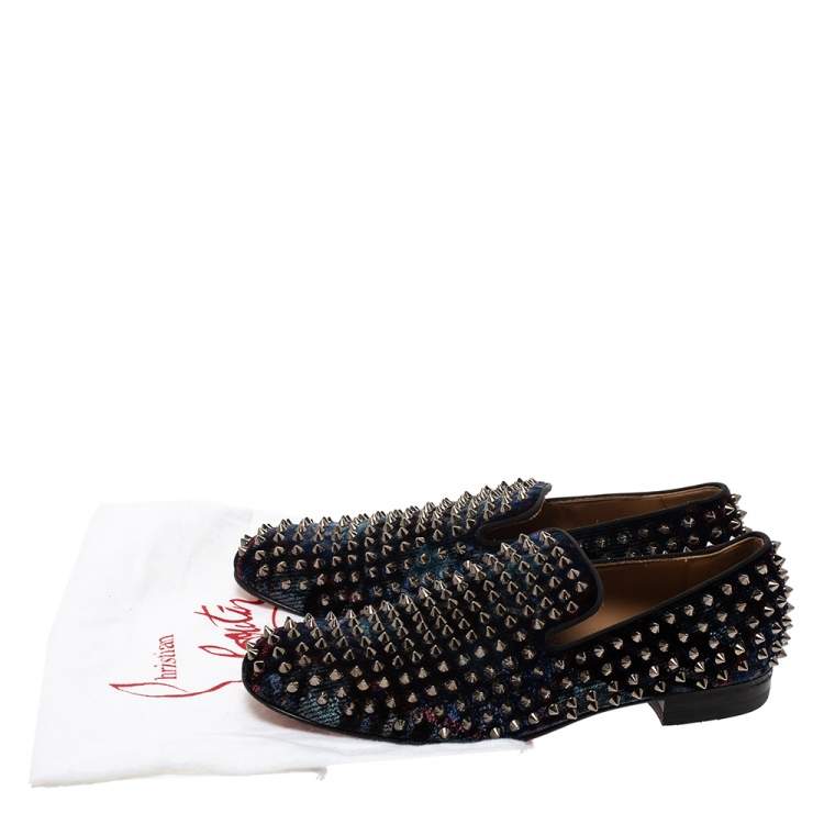 Pre Owned Christian Louboutin Blue Velvet Dandelion Spikes Loafer Size 40