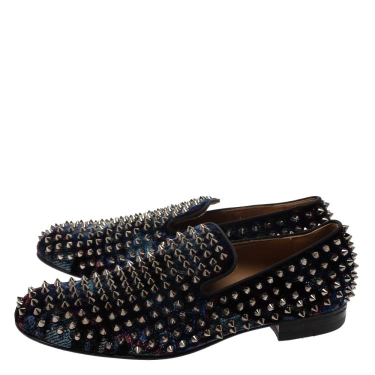 Pre Owned Christian Louboutin Blue Velvet Dandelion Spikes Loafer Size 40