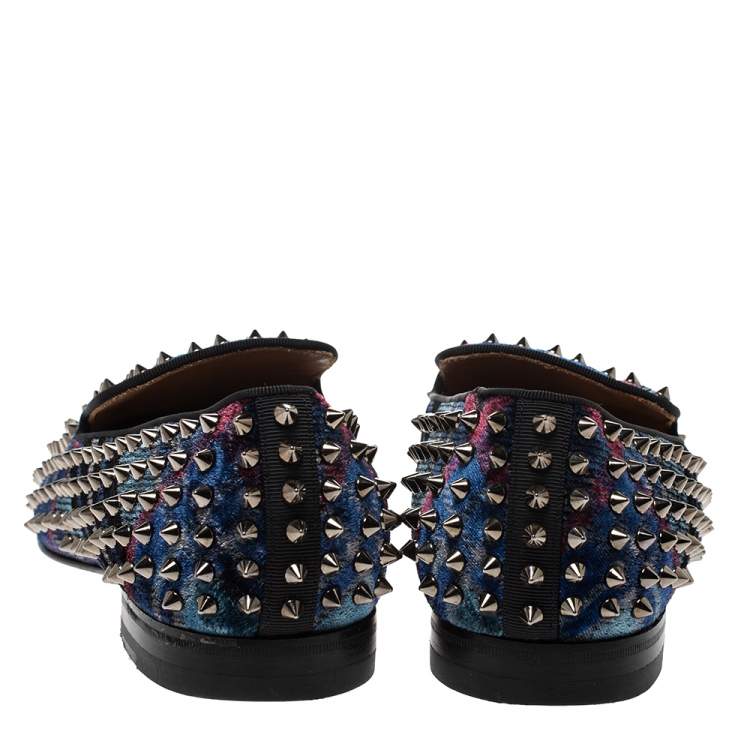 Pre Owned Christian Louboutin Blue Velvet Dandelion Spikes Loafer Size 40