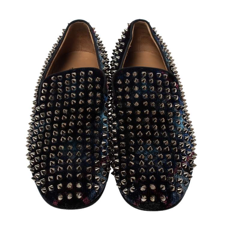 Pre Owned Christian Louboutin Blue Velvet Dandelion Spikes Loafer Size 40