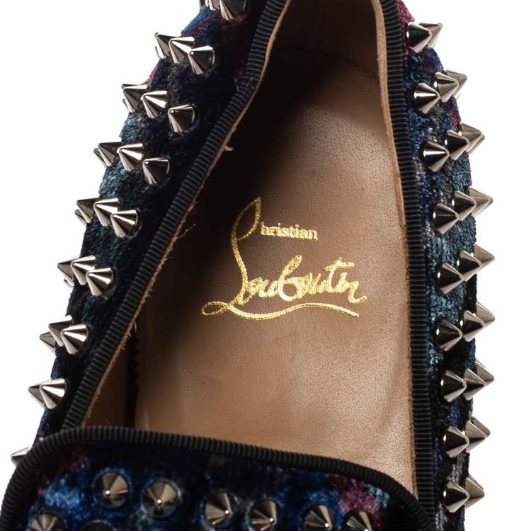 Pre Owned Christian Louboutin Blue Velvet Dandelion Spikes Loafer Size 40