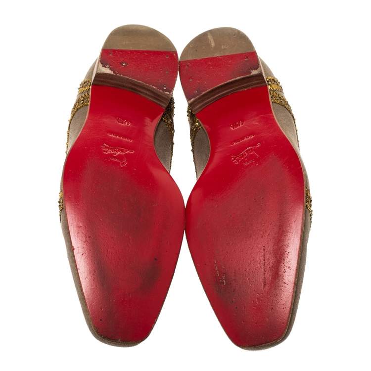 Pre Owned Christian Louboutin Beige Fabric Embellishments Paramount Slip On Oxfords Size 40.5